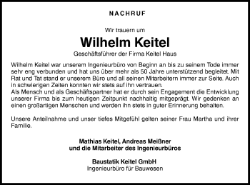 Traueranzeige von Wilhelm Keitel von Hohenloher Tagblatt