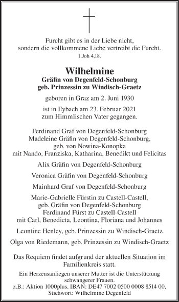 Traueranzeige von Wilhelmine Gräfin von Degenfeld-Schonburg von Geislinger Zeitung