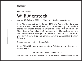 Traueranzeige von Willi Aierstock von Metzinger-Uracher Volksblatt