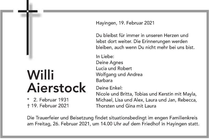  Traueranzeige für Willi Aierstock vom 24.02.2021 aus Alb-Bote/Metzinger-Uracher Volksblatt