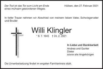 Traueranzeige von Willi Klingler von Metzinger-Uracher Volksblatt