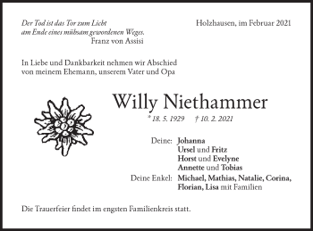 Traueranzeige von Willy Niethammer von NWZ Neue Württembergische Zeitung