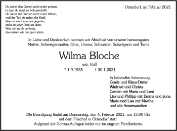 Traueranzeige von Wilma Bloche von Rundschau Gaildorf