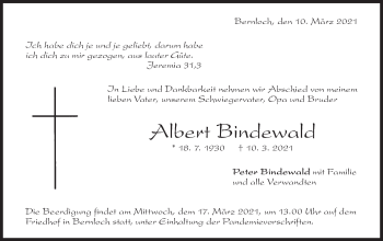 Traueranzeige von Albert Bindewald von Alb-Bote/Metzinger-Uracher Volksblatt