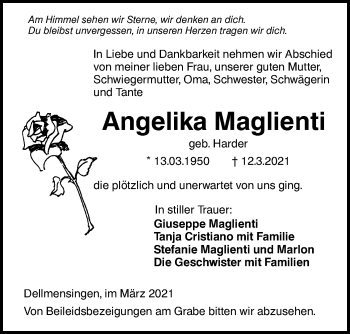 Traueranzeige von Angelika Maglienti von SÜDWEST PRESSE Ausgabe Ulm/Neu-Ulm