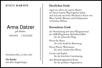 Traueranzeige von Anna Datzer von Haller Tagblatt