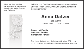 Traueranzeige von Anna Datzer von Haller Tagblatt