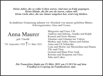 Traueranzeige von Anna Maurer von SÜDWEST PRESSE Ausgabe Ulm/Neu-Ulm