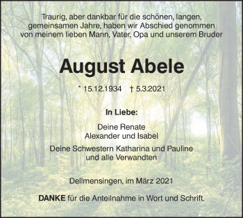 Traueranzeige von August Abele von SÜDWEST PRESSE Ausgabe Ulm/Neu-Ulm