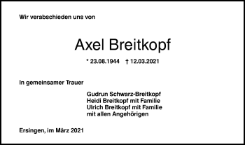 Traueranzeige von Axel Breitkopf von Südwest Presse Trauer