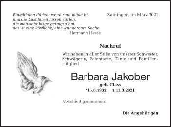 Traueranzeige von Barbara Jakober von Alb-Bote/Metzinger-Uracher Volksblatt