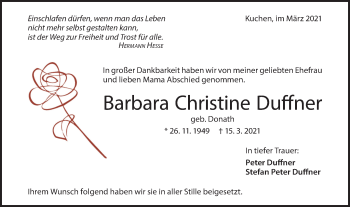 Traueranzeige von Barbara Christine Duffner von Geislinger Zeitung