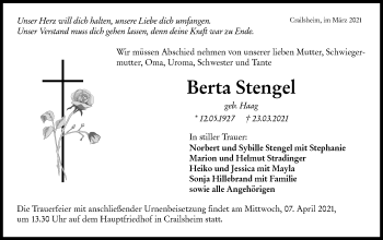 Traueranzeige von Berta Stengel von Hohenloher Tagblatt