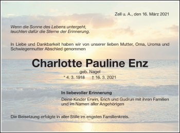 Traueranzeige von Charlotte Pauline Enz von NWZ Neue Württembergische Zeitung