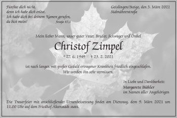 Traueranzeige von Christof Zimpel von Geislinger Zeitung