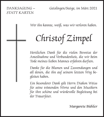 Traueranzeige von Christof Zimpel von Geislinger Zeitung