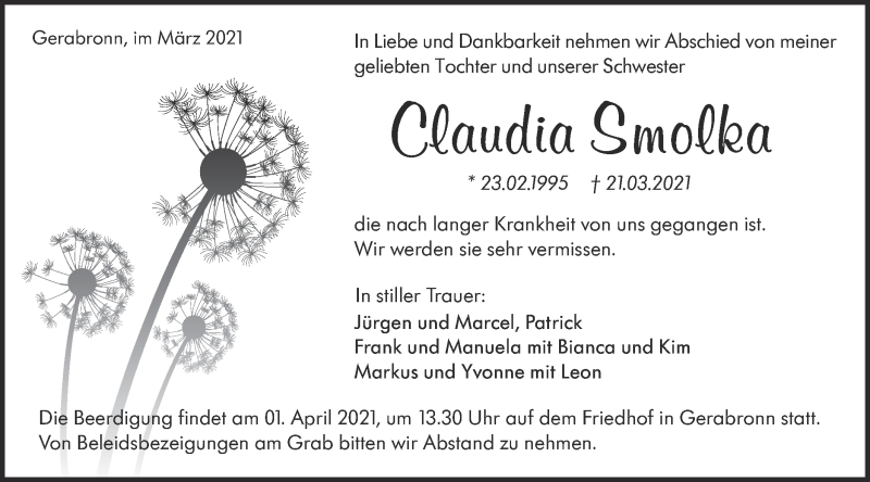  Traueranzeige für Claudia Smolka vom 29.03.2021 aus Hohenloher Tagblatt