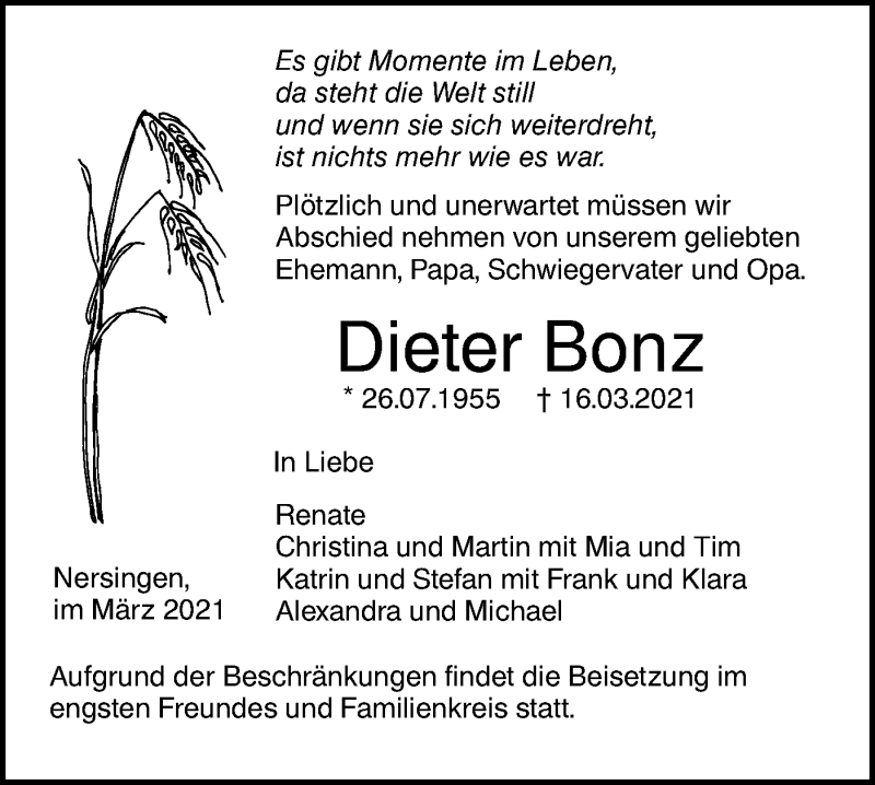  Traueranzeige für Dieter Bonz vom 20.03.2021 aus SÜDWEST PRESSE Ausgabe Ulm/Neu-Ulm