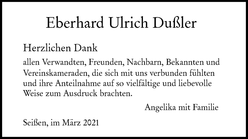  Traueranzeige für Eberhard Ulrich Dußler vom 19.03.2021 aus SÜDWEST PRESSE Ausgabe Ulm/Neu-Ulm