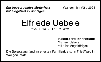 Traueranzeige von Elfriede Uebele von NWZ Neue Württembergische Zeitung