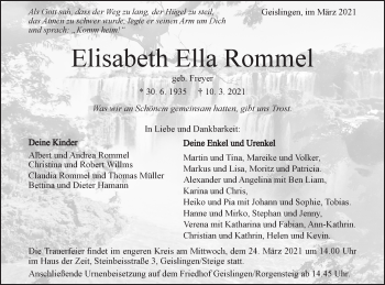 Traueranzeige von Elisabeth Ella Rommel von Geislinger Zeitung