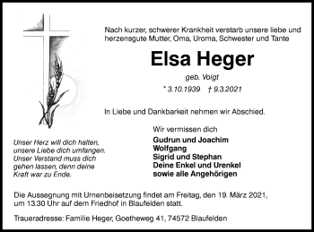 Traueranzeige von Elsa Heger von Hohenloher Tagblatt