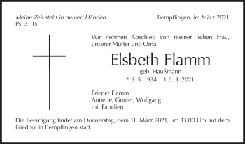 Traueranzeige von Elsbeth Flamm von Metzinger-Uracher Volksblatt