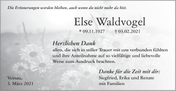 Traueranzeige von Else Waldvogel von Haller Tagblatt