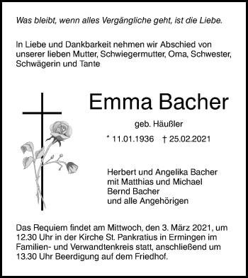 Traueranzeige von Emma Bacher von SÜDWEST PRESSE Ausgabe Ulm/Neu-Ulm