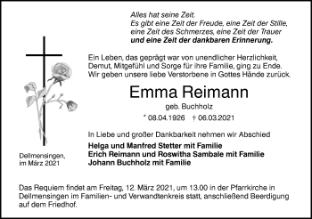 Traueranzeige von Emma Reimann von SÜDWEST PRESSE Ausgabe Ulm/Neu-Ulm