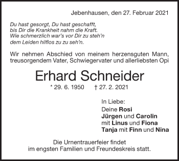 Traueranzeige von Erhard Schneider von NWZ Neue Württembergische Zeitung