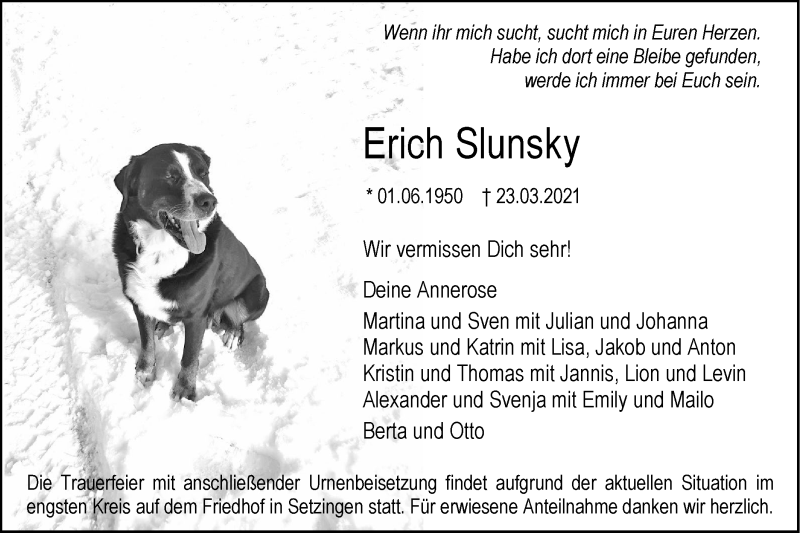  Traueranzeige für Erich Slunsky vom 01.04.2021 aus SÜDWEST PRESSE Ausgabe Ulm/Neu-Ulm