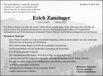 Traueranzeige von  Erich Zanzinger von Hohenloher Tagblatt