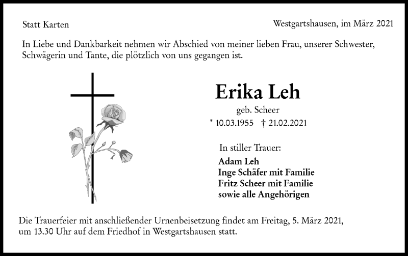  Traueranzeige für Erika Leh vom 03.03.2021 aus Hohenloher Tagblatt