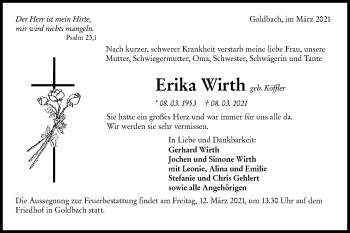 Traueranzeige von Erika Wirth von Hohenloher Tagblatt