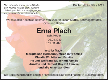 Traueranzeige von Erna Plach von Haller Tagblatt