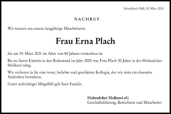 Traueranzeige von Erna Plach von Haller Tagblatt