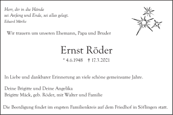 Traueranzeige von Ernst Röder von SÜDWEST PRESSE Ausgabe Ulm/Neu-Ulm