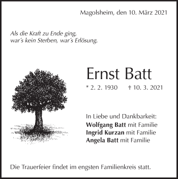 Traueranzeige von Ernst Batt  von Alb-Bote/Metzinger-Uracher Volksblatt