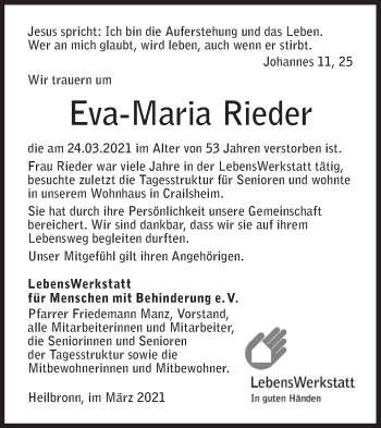 Traueranzeige von Eva-Maria Rieder von Hohenloher Tagblatt