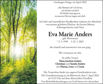 Traueranzeige von Eva Marie Anders von Geislinger Zeitung