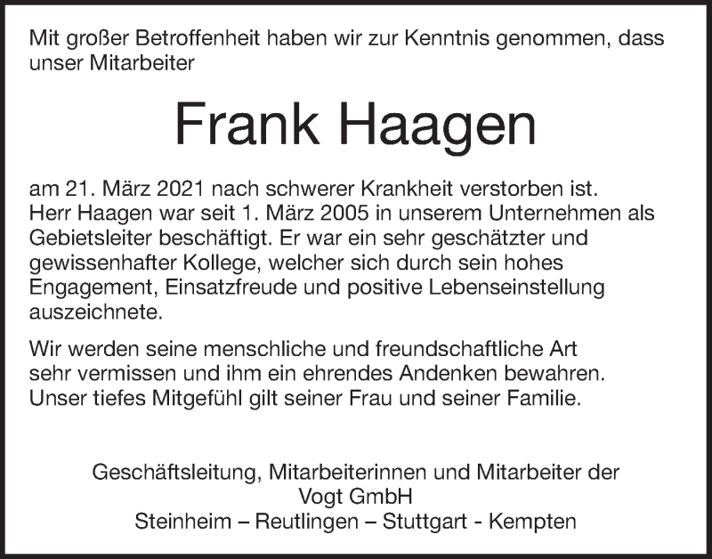  Traueranzeige für Frank Haagen vom 27.03.2021 aus SÜDWEST PRESSE Ausgabe Ulm/Neu-Ulm