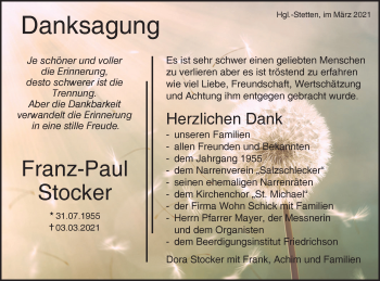 Traueranzeige von Franz-Paul Stocker von Metzinger-Uracher Volksblatt