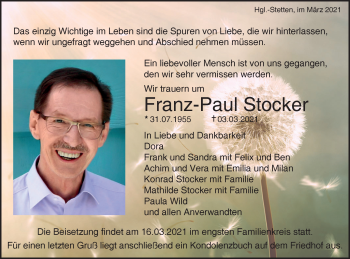 Traueranzeige von Franz-Paul Stocker von Metzinger-Uracher Volksblatt