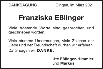 Traueranzeige von Franziska Eßlinger von Geislinger Zeitung