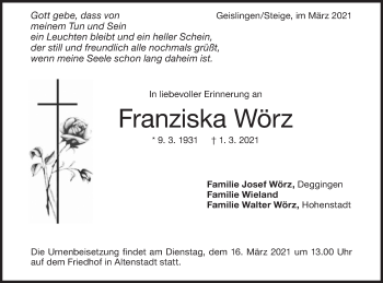 Traueranzeige von Franziska Wörz von Geislinger Zeitung