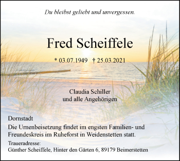 Traueranzeige von Fred Scheiffele von SÜDWEST PRESSE Ausgabe Ulm/Neu-Ulm