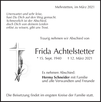 Traueranzeige von Frida Achtelstetter von Alb-Bote/Metzinger-Uracher Volksblatt