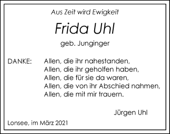 Traueranzeige von Frida Uhl von SÜDWEST PRESSE Ausgabe Ulm/Neu-Ulm