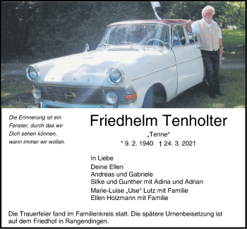 Traueranzeige von Friedhelm Tenholter von Metzinger-Uracher Volksblatt